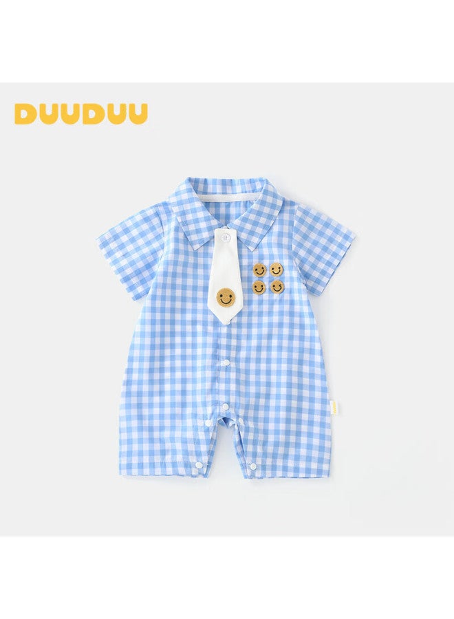 Duuduu ملابس صيفية قصيرة الأكمام للأطفال حديثي الولادة من دوودو، بدلة قطنية نقية بياقة، بدلة رومبر للأطفال، زرقاء، 66 سم - Image 1