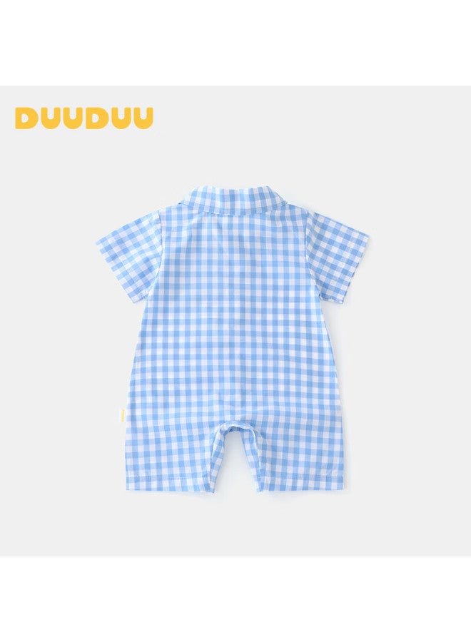Duuduu ملابس صيفية قصيرة الأكمام للأطفال حديثي الولادة من دوودو، بدلة قطنية نقية بياقة، بدلة رومبر للأطفال، زرقاء، 66 سم - Image 3