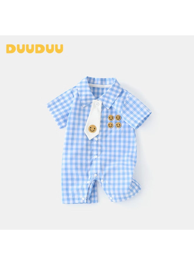 Duuduu ملابس صيفية قصيرة الأكمام للأطفال حديثي الولادة من دوودو، بدلة قطنية نقية بياقة، بدلة رومبر للأطفال، زرقاء، 66 سم - Image 2