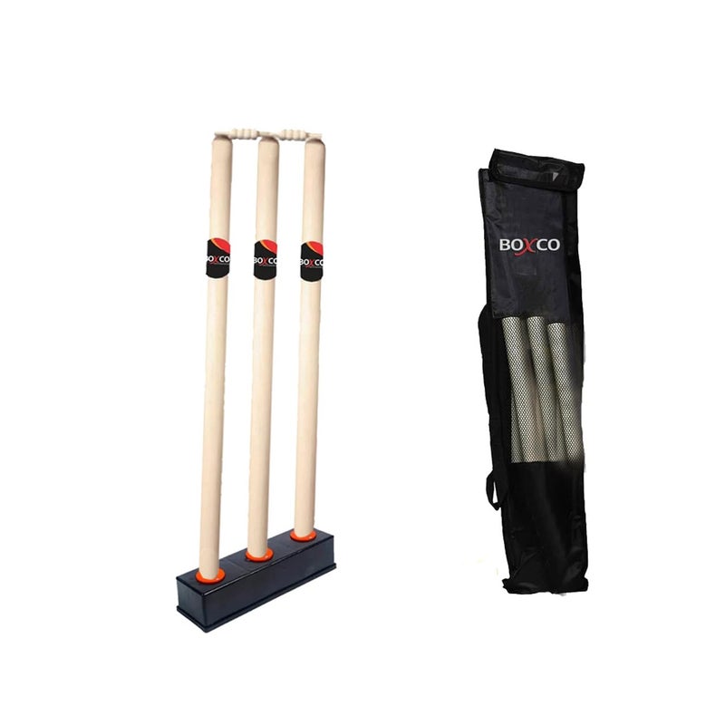 BOXCO Cricket Stump Set | 3 Wooden Wickets with 2 Bails, Stand & Protective Cover | Regular Size - Image 1