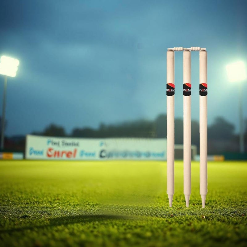 BOXCO Cricket Stump Set | 3 Wooden Wickets with 2 Bails, Stand & Protective Cover | Regular Size - Image 2