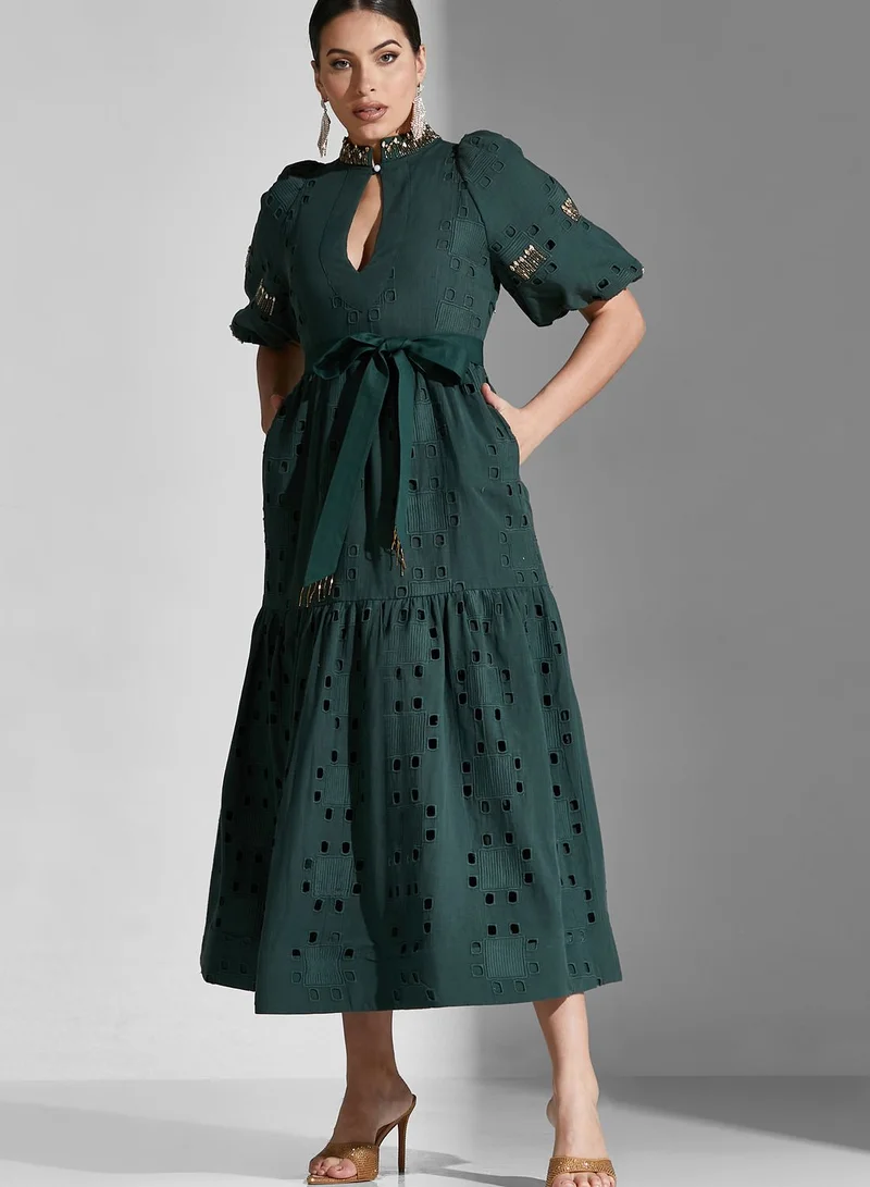 Threadz by Ajooni Cutwork Detail Belted Dress