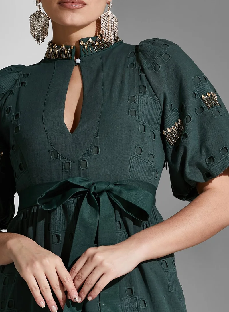 Threadz by Ajooni Cutwork Detail Belted Dress