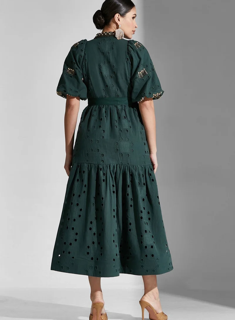 Threadz by Ajooni Cutwork Detail Belted Dress