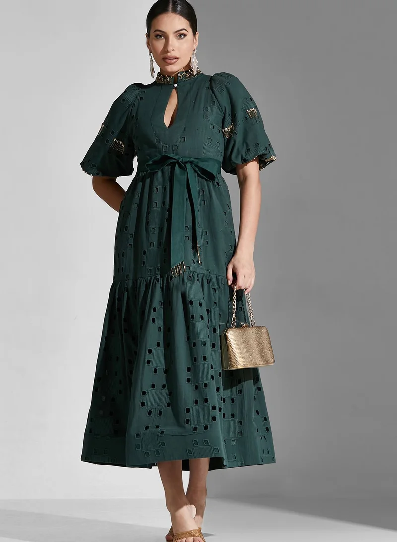 Threadz by Ajooni Cutwork Detail Belted Dress