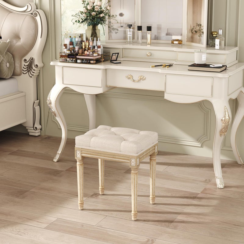 Yusong Vanity Stool Upholstered Bench Seat for Makeup Room, Vintage Small Bedroom Bench Dining Bench with Tufted Fabric for Living Room, Piano Stool with Rustic Wood, Easy Assemble,Beige - Image 2