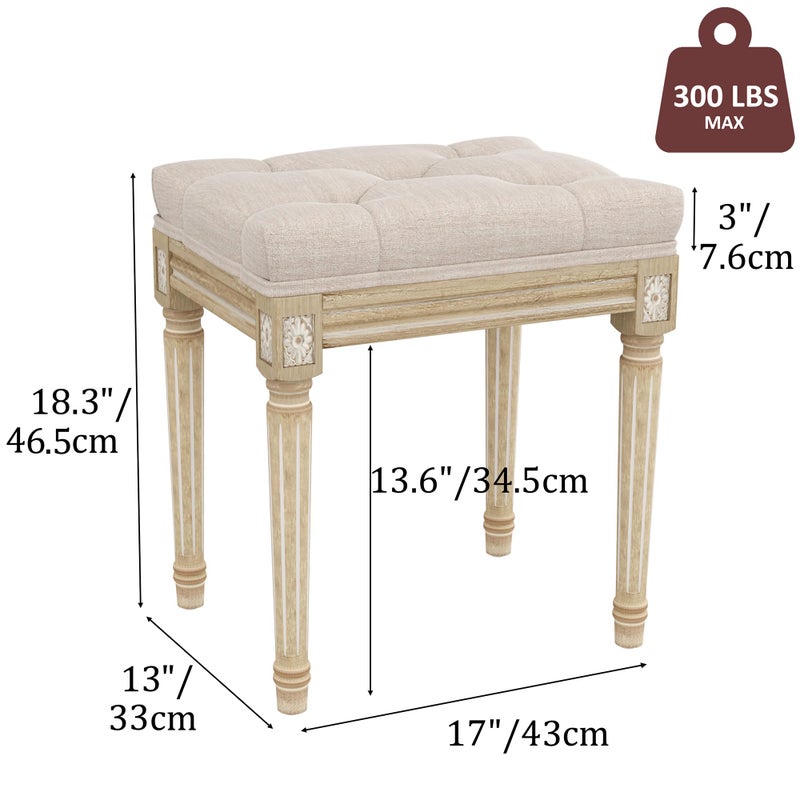Yusong Vanity Stool Upholstered Bench Seat for Makeup Room, Vintage Small Bedroom Bench Dining Bench with Tufted Fabric for Living Room, Piano Stool with Rustic Wood, Easy Assemble,Beige - Image 4