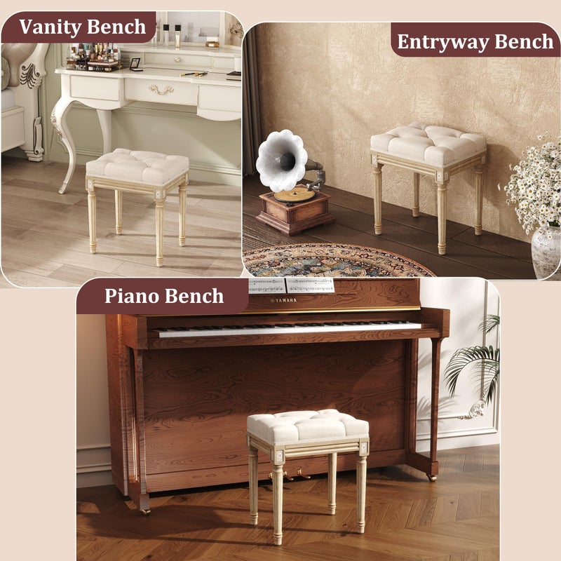 Yusong Vanity Stool Upholstered Bench Seat for Makeup Room, Vintage Small Bedroom Bench Dining Bench with Tufted Fabric for Living Room, Piano Stool with Rustic Wood, Easy Assemble,Beige - Image 5