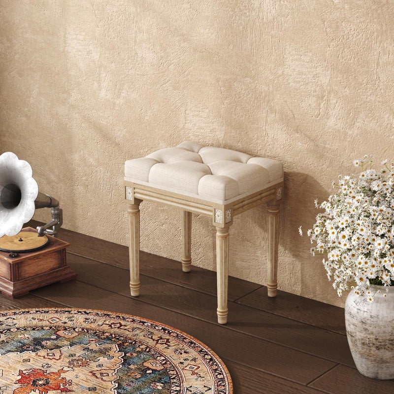 Yusong Vanity Stool Upholstered Bench Seat for Makeup Room, Vintage Small Bedroom Bench Dining Bench with Tufted Fabric for Living Room, Piano Stool with Rustic Wood, Easy Assemble,Beige - Image 3