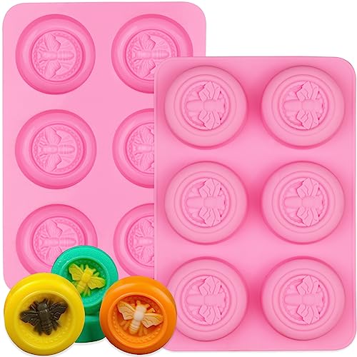 Sakolla 2 Pack Silicone Soap Molds, 6 Cavity Round Honeybee Silicone Molds for Homemade Soaps, Lotion Bar, Jello, Bath Bomb, Beeswax, Resin, Chocolate and Dessert (Pink) - Image 1