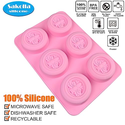 Sakolla 2 Pack Silicone Soap Molds, 6 Cavity Round Honeybee Silicone Molds for Homemade Soaps, Lotion Bar, Jello, Bath Bomb, Beeswax, Resin, Chocolate and Dessert (Pink) - Image 2