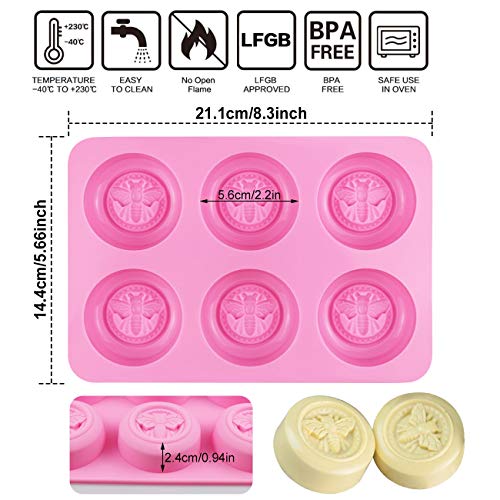 Sakolla 2 Pack Silicone Soap Molds, 6 Cavity Round Honeybee Silicone Molds for Homemade Soaps, Lotion Bar, Jello, Bath Bomb, Beeswax, Resin, Chocolate and Dessert (Pink) - Image 4