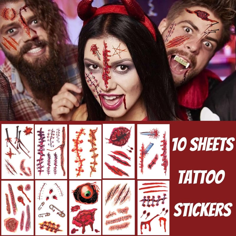 WOONOO 188PCS Halloween Decorations Window Clings, 9 Sheets Bloody Handprint Footprint Halloween Wall Decal Floor Clings with Tattoo Stickers, Scary Halloween Window Decorations - Image 4