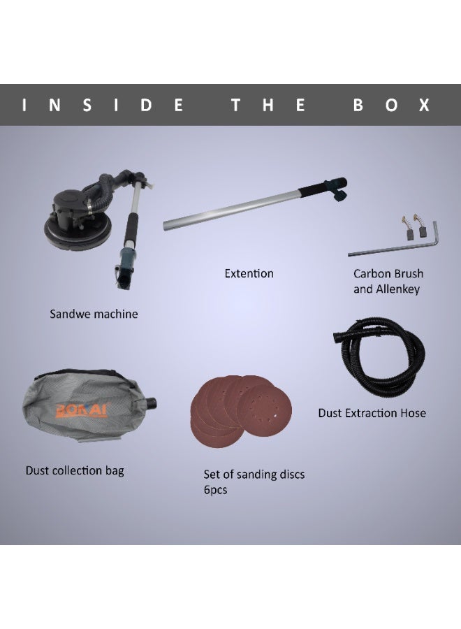 بوناي ماكينة صنفرة الجدران الجافة Bonai BN-HK201، بقوة 1800 واط، وأداة تلميع كهربائية للحوائط والأسقف، ووسادة صنفرة 215 مم، وسرعة دوران قابلة للتعديل من 1000 إلى 2100 دورة في الدقيقة، مع خرطوم شفط الغبار، ومفتاح ألين، وفرشاة كربون. - Image 5