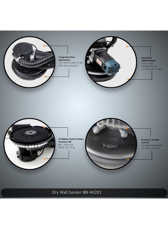 بوناي ماكينة صنفرة الجدران الجافة Bonai BN-HK201، بقوة 1800 واط، وأداة تلميع كهربائية للحوائط والأسقف، ووسادة صنفرة 215 مم، وسرعة دوران قابلة للتعديل من 1000 إلى 2100 دورة في الدقيقة، مع خرطوم شفط الغبار، ومفتاح ألين، وفرشاة كربون. - Image 3