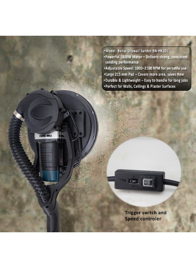 بوناي ماكينة صنفرة الجدران الجافة Bonai BN-HK201، بقوة 1800 واط، وأداة تلميع كهربائية للحوائط والأسقف، ووسادة صنفرة 215 مم، وسرعة دوران قابلة للتعديل من 1000 إلى 2100 دورة في الدقيقة، مع خرطوم شفط الغبار، ومفتاح ألين، وفرشاة كربون. - Image 4