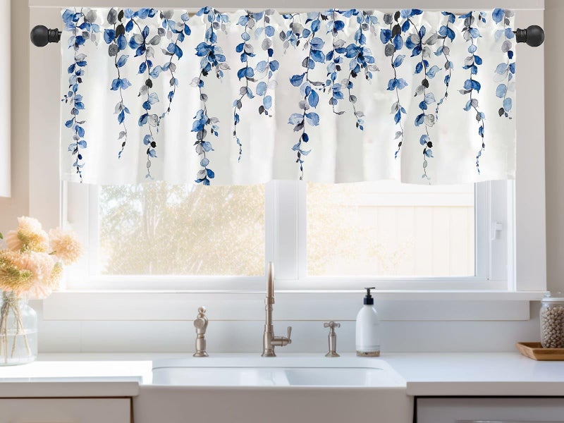 debraleye 2 Pack Watercolor Blue Leaves Window Valance for Bedroom Living Room, Leaf Vine Plant Curtains Valanes for Windows, 3" Rod Pocket Window Treatment for Season Home Decorations, 54 x 18 Inch, 2 Panel - Image 2