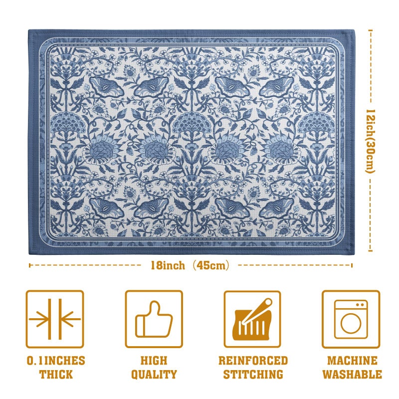 Wnoesat Blue Floral Boho Placemats Set of 4, 12x18 Inch Vintage Chinoiserie Block Print Place Mats Seasonal Spring Summer Rustic Farmhouse Table Mats for Party Kitchen Dining Outdoor Indoor Decor - Image 4