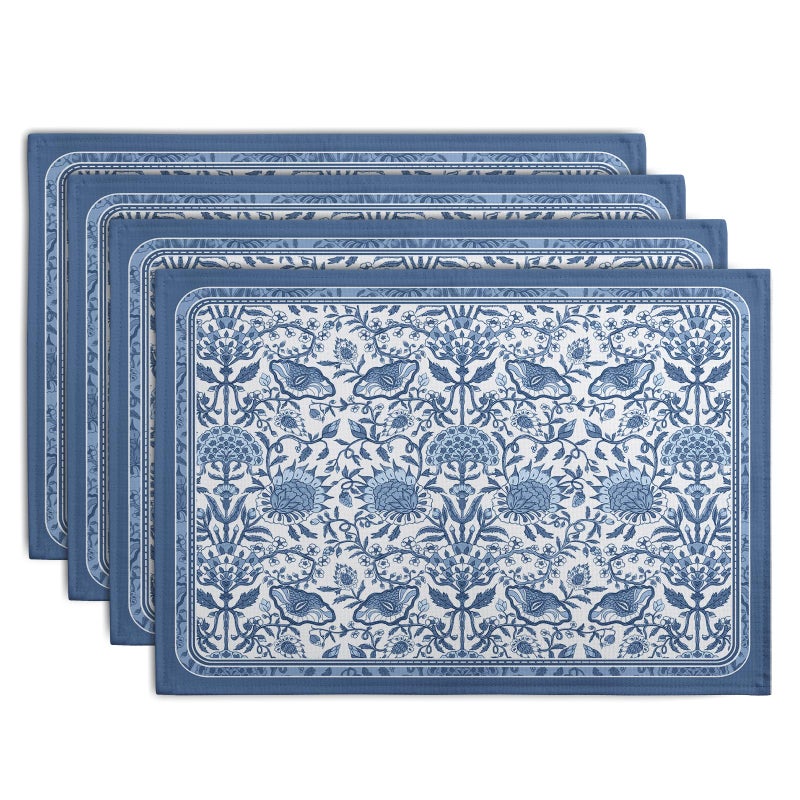 Wnoesat Blue Floral Boho Placemats Set of 4, 12x18 Inch Vintage Chinoiserie Block Print Place Mats Seasonal Spring Summer Rustic Farmhouse Table Mats for Party Kitchen Dining Outdoor Indoor Decor - Image 1