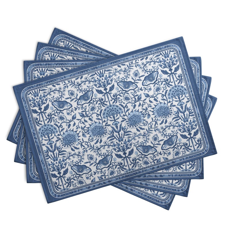 Wnoesat Blue Floral Boho Placemats Set of 4, 12x18 Inch Vintage Chinoiserie Block Print Place Mats Seasonal Spring Summer Rustic Farmhouse Table Mats for Party Kitchen Dining Outdoor Indoor Decor - Image 2
