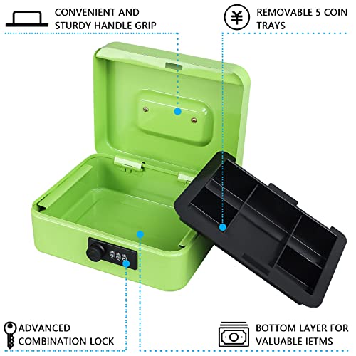 KYODOLED Cash Box with Combination Lock,Safe Metal Box for Money,Storage Lock Box with Money Tray,7.87"x 6.30"x 3.54" Limegreen Medium - Image 2