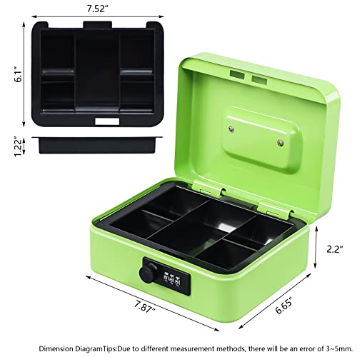 KYODOLED Cash Box with Combination Lock,Safe Metal Box for Money,Storage Lock Box with Money Tray,7.87"x 6.30"x 3.54" Limegreen Medium - Image 5