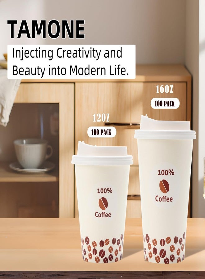 Tamone 100 PACK 12OZ Disposable Coffee Cups with Lids, To Go Coffee Cups with Lids Leak Proof, Beige Paper Cups Coffee Beans Design for Cold/Hot Coffee Beverage Chocolate Cocoa for Home Office - Image 4