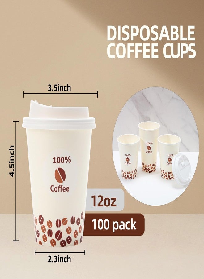 Tamone 100 PACK 12OZ Disposable Coffee Cups with Lids, To Go Coffee Cups with Lids Leak Proof, Beige Paper Cups Coffee Beans Design for Cold/Hot Coffee Beverage Chocolate Cocoa for Home Office - Image 2