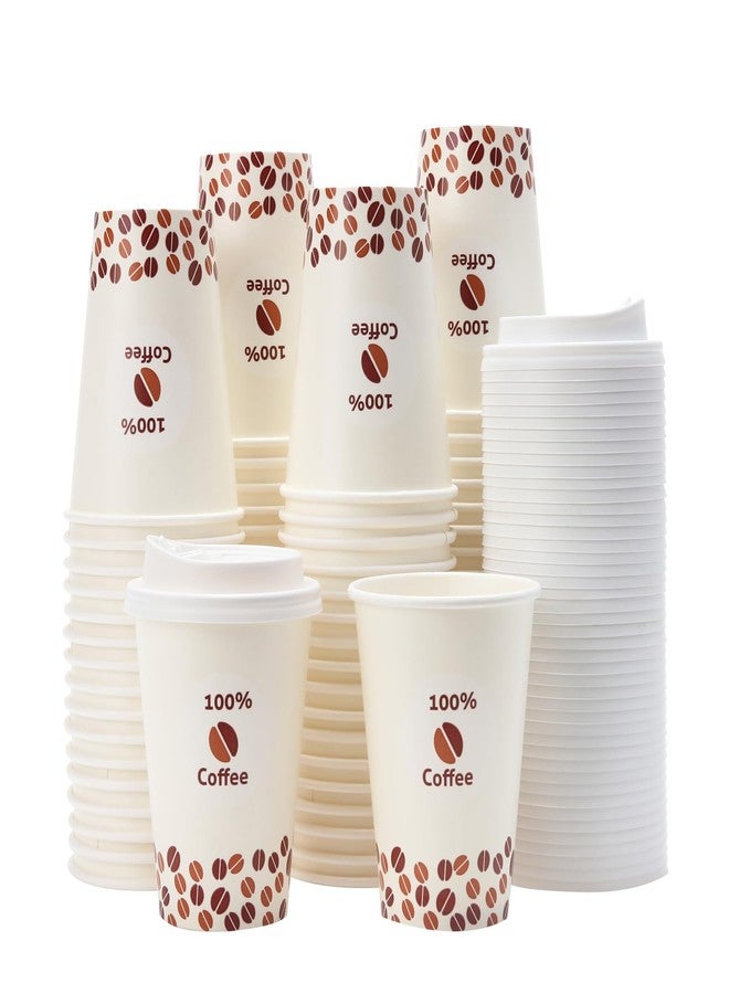 Tamone 100 PACK 12OZ Disposable Coffee Cups with Lids, To Go Coffee Cups with Lids Leak Proof, Beige Paper Cups Coffee Beans Design for Cold/Hot Coffee Beverage Chocolate Cocoa for Home Office - Image 1