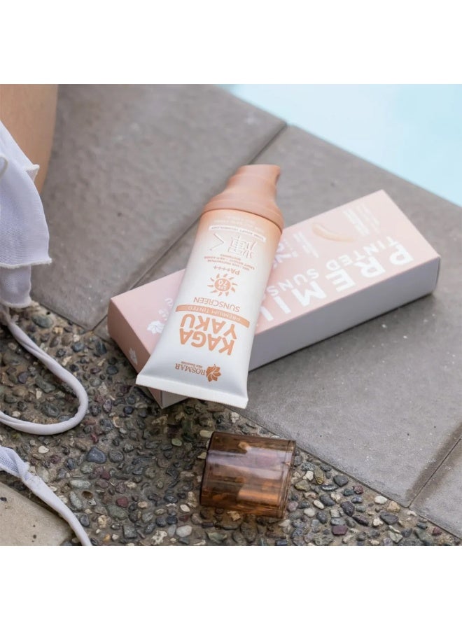 Rosmar Kagayaku Premium Tinted Sunscreen SPF 70 PA++++ Rosmar Kagayaku Premium Tinted Sunscreen SPF 70 PA++++ offers lightweight daily protection with tone-adapt technology, UVA/UVB defense, anti-aging benefits, and a natural tinted finish suitable for all skin types. - Image 5