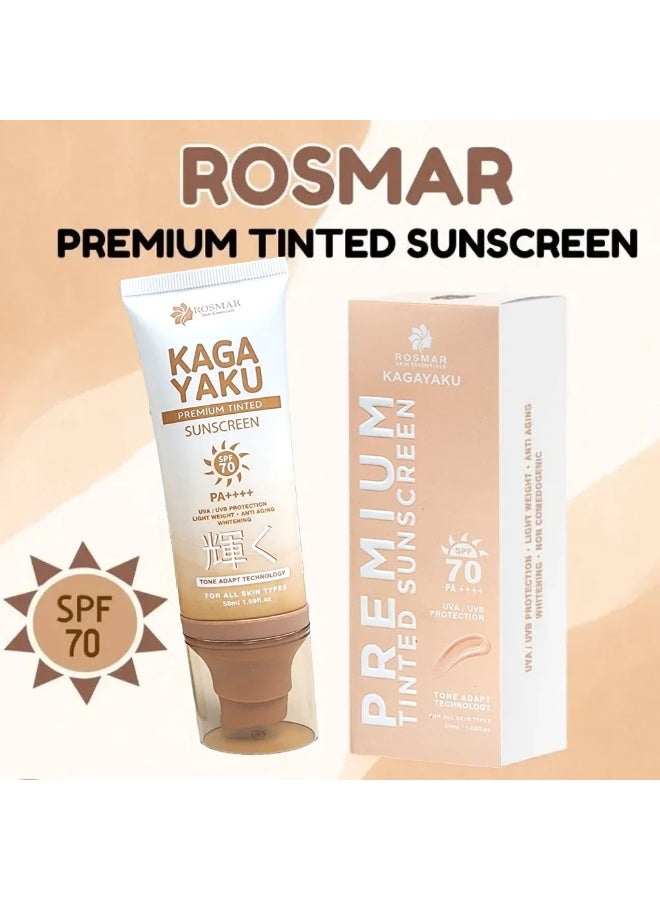 Rosmar Kagayaku Premium Tinted Sunscreen SPF 70 PA++++ Rosmar Kagayaku Premium Tinted Sunscreen SPF 70 PA++++ offers lightweight daily protection with tone-adapt technology, UVA/UVB defense, anti-aging benefits, and a natural tinted finish suitable for all skin types. - Image 1