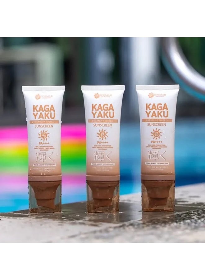 Rosmar Kagayaku Premium Tinted Sunscreen SPF 70 PA++++ Rosmar Kagayaku Premium Tinted Sunscreen SPF 70 PA++++ offers lightweight daily protection with tone-adapt technology, UVA/UVB defense, anti-aging benefits, and a natural tinted finish suitable for all skin types. - Image 3