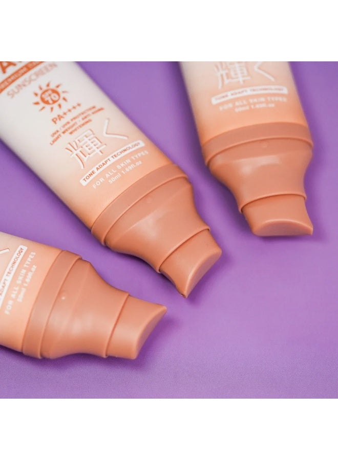 Rosmar Kagayaku Premium Tinted Sunscreen SPF 70 PA++++ Rosmar Kagayaku Premium Tinted Sunscreen SPF 70 PA++++ offers lightweight daily protection with tone-adapt technology, UVA/UVB defense, anti-aging benefits, and a natural tinted finish suitable for all skin types. - Image 4