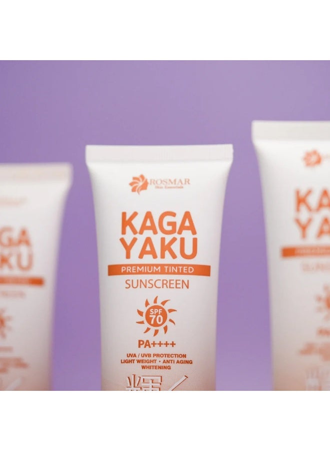 Rosmar Kagayaku Premium Tinted Sunscreen SPF 70 PA++++ Rosmar Kagayaku Premium Tinted Sunscreen SPF 70 PA++++ offers lightweight daily protection with tone-adapt technology, UVA/UVB defense, anti-aging benefits, and a natural tinted finish suitable for all skin types. - Image 2