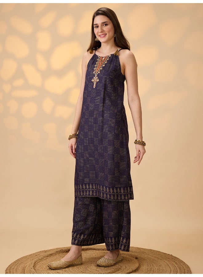 globus Globus Women Navy Blue Embroidered Yoke Halter Neck Tie-Up Shoulder Straps Gold Foil Printed A-Line Kurta With Pants Festive Set - Image 2