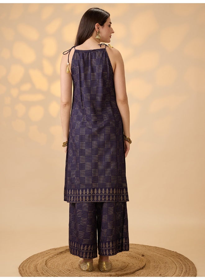 globus Globus Women Navy Blue Embroidered Yoke Halter Neck Tie-Up Shoulder Straps Gold Foil Printed A-Line Kurta With Pants Festive Set - Image 3