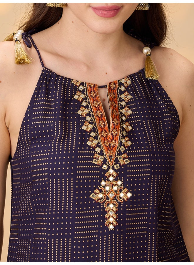 globus Globus Women Navy Blue Embroidered Yoke Halter Neck Tie-Up Shoulder Straps Gold Foil Printed A-Line Kurta With Pants Festive Set - Image 4