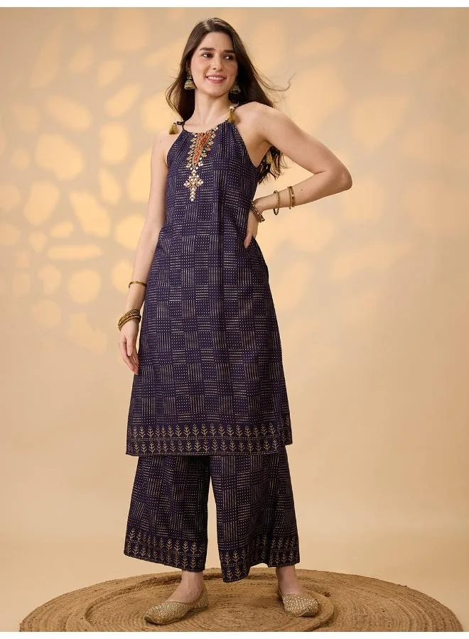 globus Globus Women Navy Blue Embroidered Yoke Halter Neck Tie-Up Shoulder Straps Gold Foil Printed A-Line Kurta With Pants Festive Set