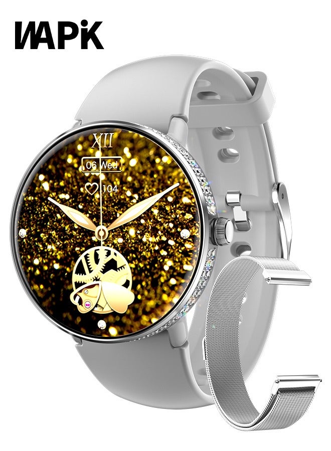 وابيك ساعة ME10 الذكية للنساء ماركة كورية – ساعة أعمال ورياضة، مقاومة للماء، مكالمات بلوتوث، شاشة AMOLED، مراقبة معدل نبضات القلب، مطرزة بـ 126 جوهرة مواسانيت، تلائم نظام Android و iOS - Image 1