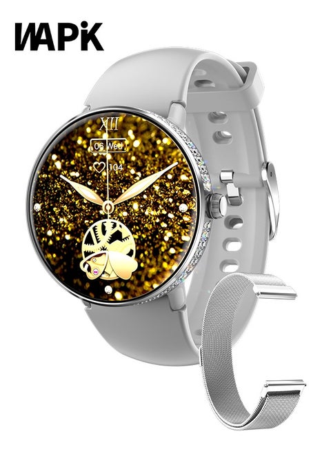 Korean Brand ME10 Women's Smartwatch – Business & Fitness Watch, Waterproof, Bluetooth Calling, AMOLED Display, Heart Rate Monitoring, 126 Moissanite Diamonds, Compatible with Android & iOS, Elegant Silver Design