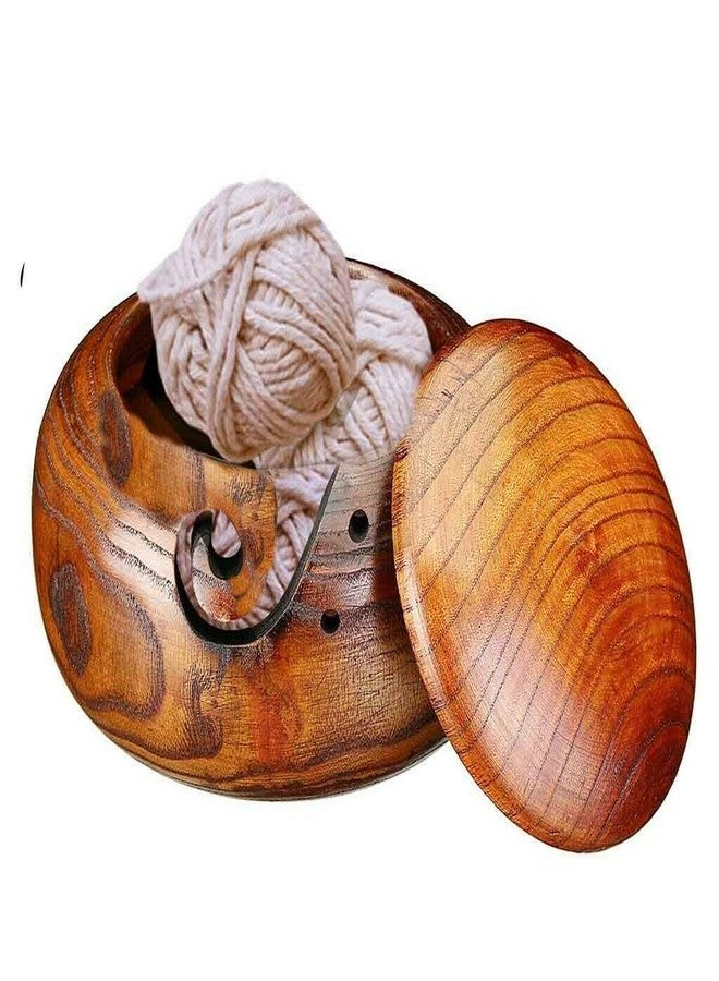 Joyeee 1 Pcs Wooden Yarn Bowl with Lid, Crafted Wooden Weaving Thread Bow with Carved Holes, Premium Knitting Storage Accessories & Supplies, Handcrafted Round Yarn Ball Bowl Brown Box, 16 CM #02 - Image 1