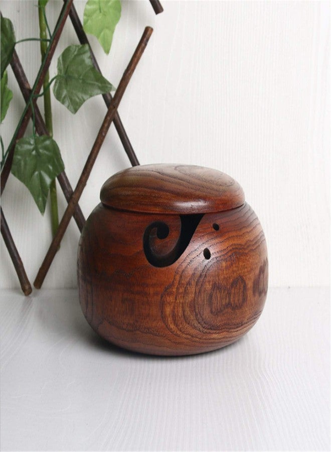 Joyeee 1 Pcs Wooden Yarn Bowl with Lid, Crafted Wooden Weaving Thread Bow with Carved Holes, Premium Knitting Storage Accessories & Supplies, Handcrafted Round Yarn Ball Bowl Brown Box, 16 CM #02 - Image 2