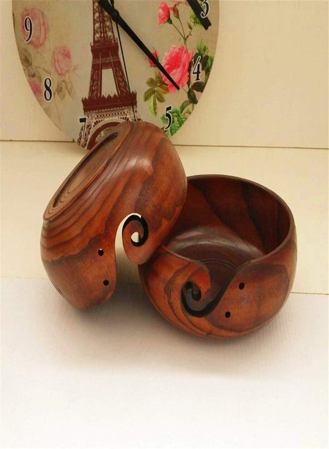 Joyeee 1 Pcs Wooden Yarn Bowl with Lid, Crafted Wooden Weaving Thread Bow with Carved Holes, Premium Knitting Storage Accessories & Supplies, Handcrafted Round Yarn Ball Bowl Brown Box, 16 CM #02 - Image 3
