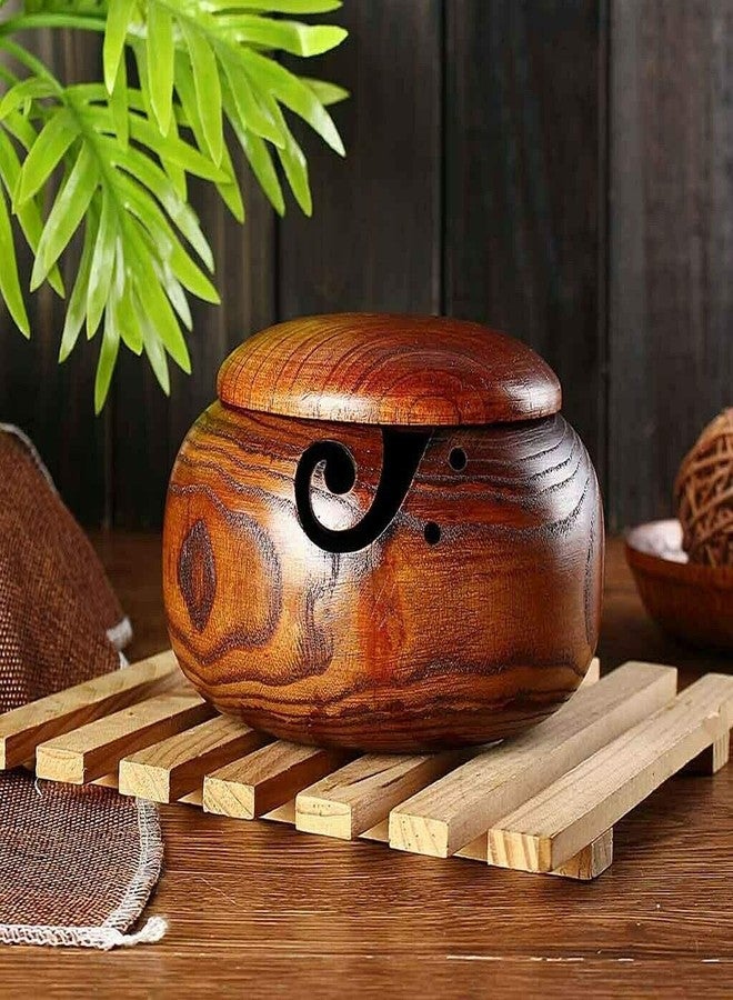 Joyeee 1 Pcs Wooden Yarn Bowl with Lid, Crafted Wooden Weaving Thread Bow with Carved Holes, Premium Knitting Storage Accessories & Supplies, Handcrafted Round Yarn Ball Bowl Brown Box, 16 CM #02 - Image 4