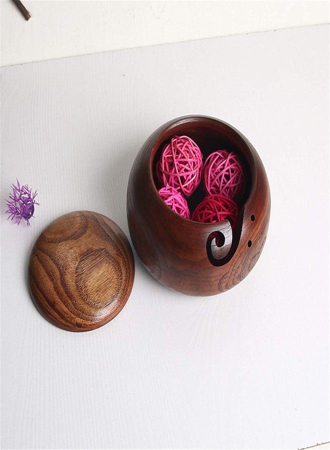 Joyeee 1 Pcs Wooden Yarn Bowl with Lid, Crafted Wooden Weaving Thread Bow with Carved Holes, Premium Knitting Storage Accessories & Supplies, Handcrafted Round Yarn Ball Bowl Brown Box, 16 CM #02 - Image 5
