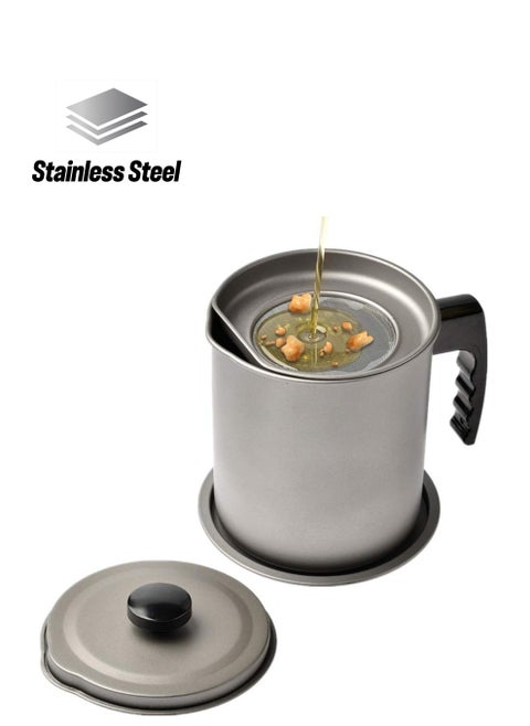 Oil Strainer Pot Grease Can 1.7L Stainless Steel Container W/Fine Mesh Dust-Proof Lid Non-Slip Plate Base Suitable Easy Grip Handle, For Storing Frying Cooking
