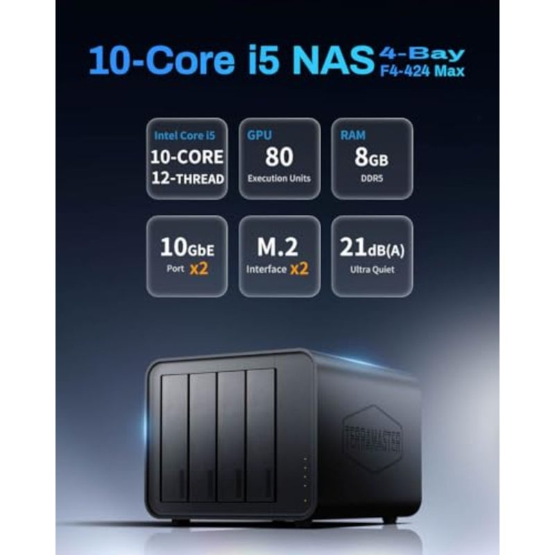 F4-424 Max NAS Storage - 4Bay Core i5 1235U 10-Cores 12-Threads, 8GB DDR5 RAM, Dual 10GbE Ports, Network Attached Storage Peak Performance for Business Diskless - Image 2
