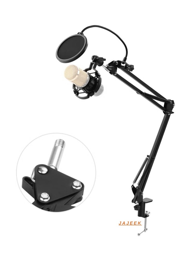 JAJEEK Microphone Stand – Adjustable Foldable Heavy Duty Metal Mic Arm with Shock Proof Holder, Windshield & Pop Filter for Studio Recording, Live Video Broadcasting, Online Singing  - Image 1