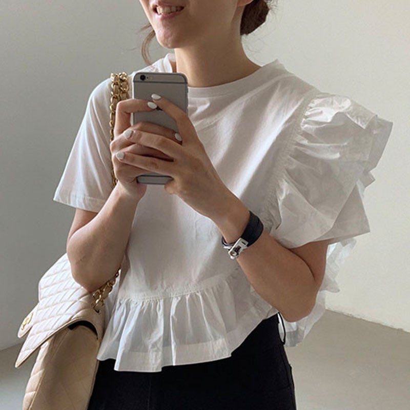 New 2024 Summer Temperament Round Neck Irregular Design Ruffled Stitching Loose Casual Short Sleeve Shirt - Image 2
