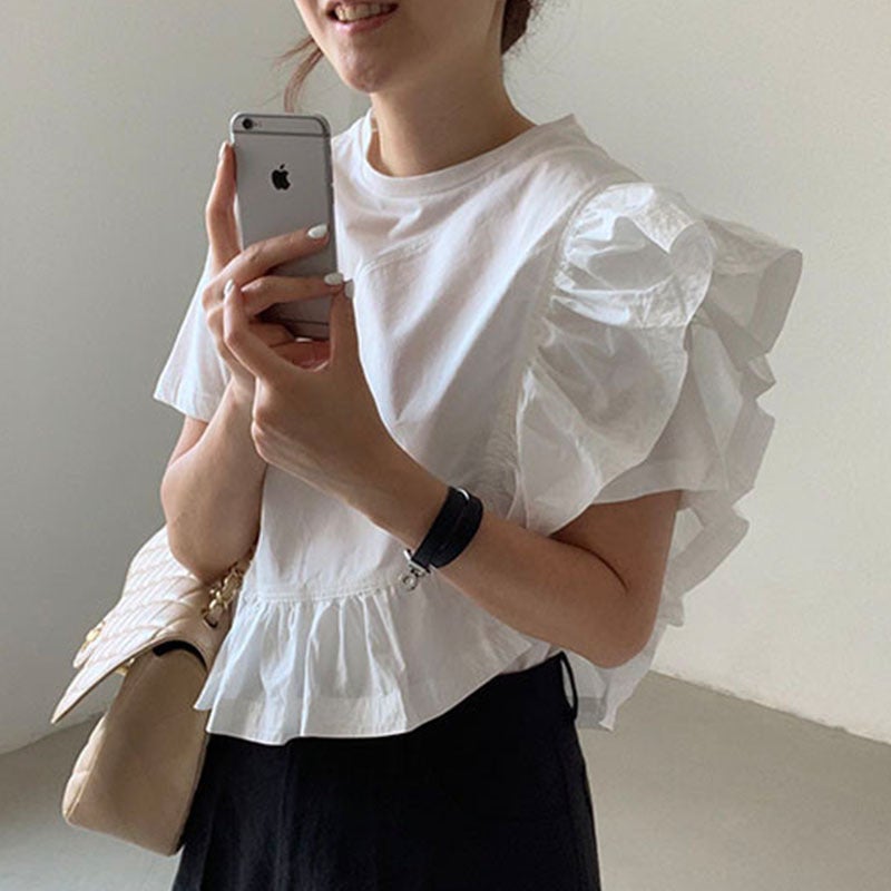New 2024 Summer Temperament Round Neck Irregular Design Ruffled Stitching Loose Casual Short Sleeve Shirt - Image 5